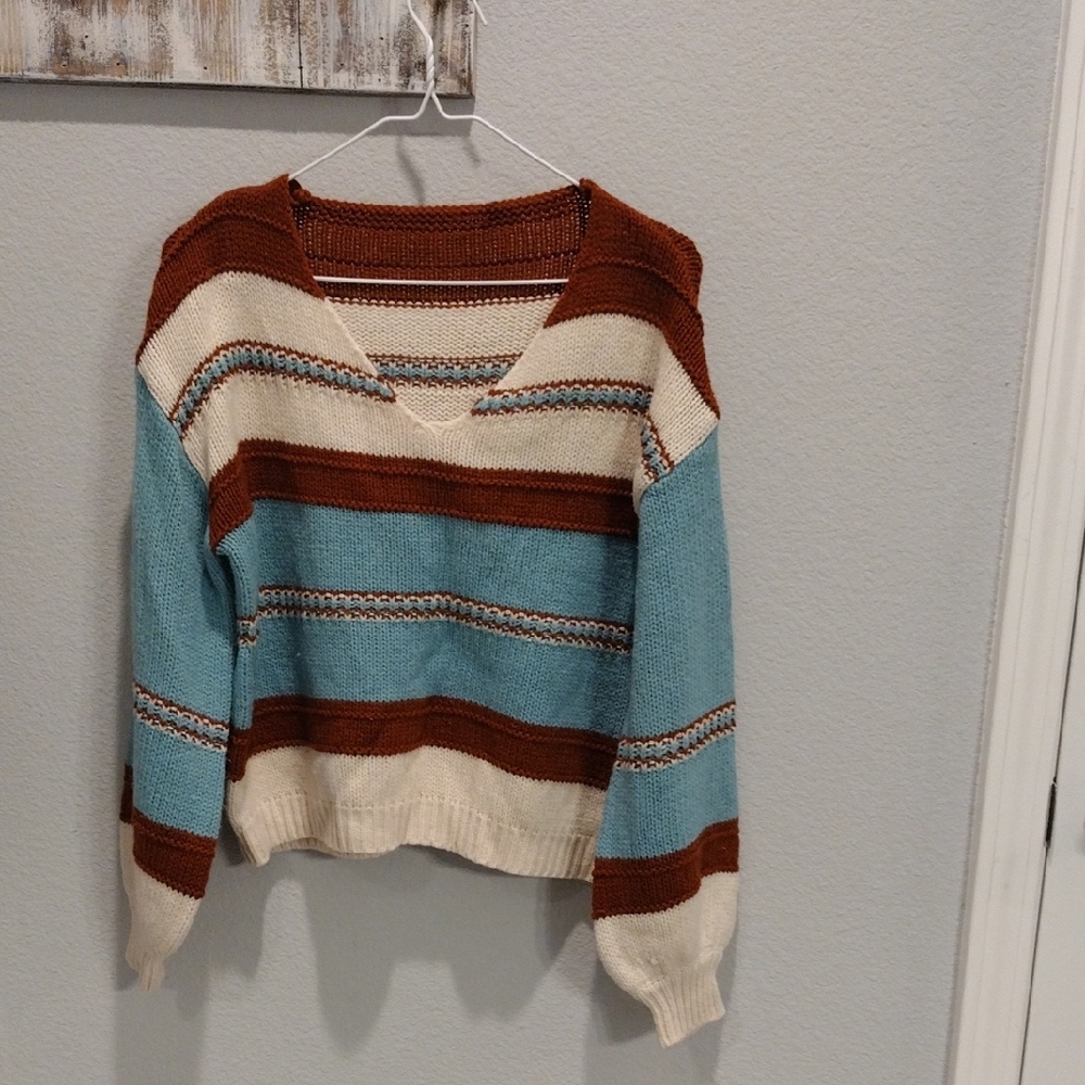 SHEIN V-Neck Sweater Brown and Cream Striped Knit